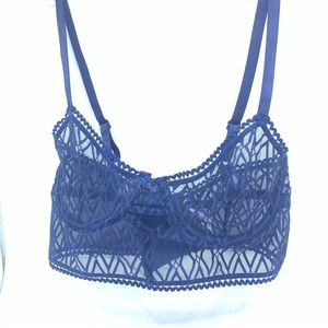 Else Lingerie 30b Longline Mesh Lace Unlined Bra with Underwire Blue Keyhole